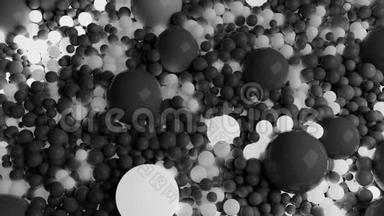 4k三维无缝循环动画，美丽的灰色和白色，小和大球或球覆盖平面抽象