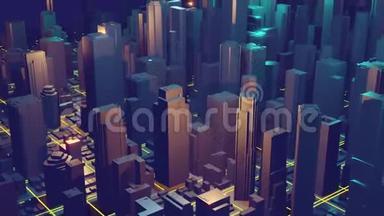三维城市渲染与线条和数字元素。 数字摩天大楼。 技术视频概念