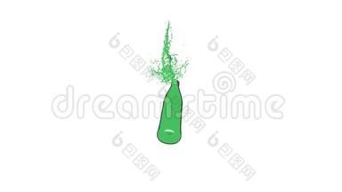 绿色卡通液体从苏打水玻璃瓶中溢出，在冷冻时间的影响下
