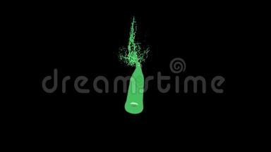 绿色液体在冰冻时间内从卡通汽水玻璃瓶中溢出