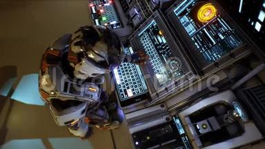 未来的宇航员按下科幻屏幕上的键。 现实的运动背景。 无缝环的动画。
