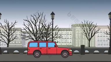 动画红色SUV车辆，骑着自行车在屋顶树干上骑着穿过秋天的城市景观。 城市公园的小型货车