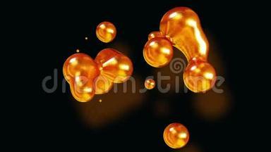在金属球的抽象背景下，仿佛玻璃滴或装满金火花的球体融合在一起，