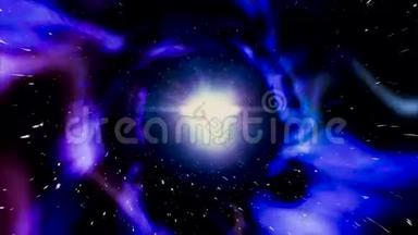 穿越抽象的虫洞，时空，云雾，百万星辰.. 动画。 美丽的蓝色星系隧道