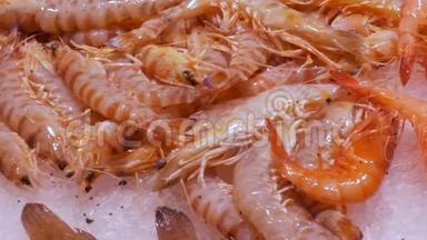 海鲜虾蟹在柜台市场，海鲜在市场拉波奎利亚在巴塞罗那近距离观看