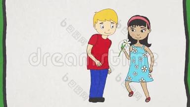 卡通动画与一个男孩送花给一个女孩的白色背景，友谊的概念。 女孩亲吻男孩