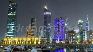 在<strong>科威特</strong>的Sharq Marina夜间时间推移过度的游艇和船只。 中东<strong>科威特</strong>市