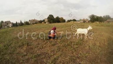 穿着乌克兰传统民俗服装的女孩和村里一块田地里的山羊