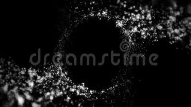 抽象飞行，单色小点在黑色背景上创造戒指。 美丽的，细小的<strong>闪光粒子</strong>