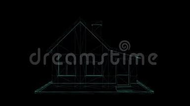 线框房屋隔离在黑色背景上。 3D渲染旋转无缝循环动画