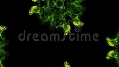 以Luma哑光为α通道的辉光绿色粒子在黑色背景上的油墨万花筒效应。 像你这样的人