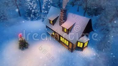<strong>雪夜</strong>的乡村小屋和圣诞树