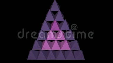三维紫色金字塔抽象视频标志型，由金字塔组成的三角形，旋转，放大黑色背景，