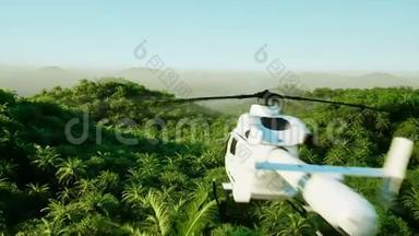 山，野外景观用飞行直升机.. 棕榈树。 丛<strong>林探</strong>险。 空中观景。 现实4k动画