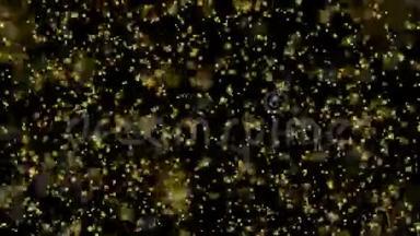 4K运动抽象图形颗粒金尘埃漂浮在空气中的黑色背景。 背景黄金运动