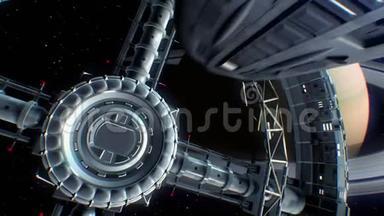 土星在背景上。 太空飞船飞进巨大的太空火炬门，引擎<strong>灯闪烁</strong>，三维动画