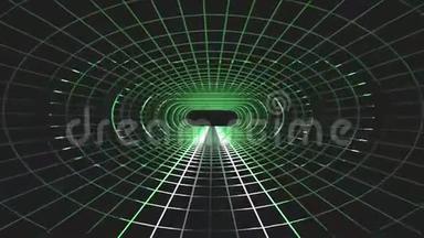 无尽霓虹灯绿灯能源电网网络复古VR隧道飞行运动图形动画背景无缝
