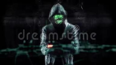 人类的网络人物在引擎盖中站在黑暗中的绿色波浪和投掷红色发光的物体。 抽象动画