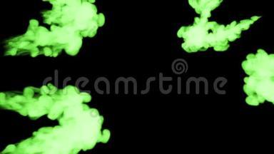 荧光绿色墨水在黑色背景下溶解在水中，用Luma哑光。 3D渲染V10很多流
