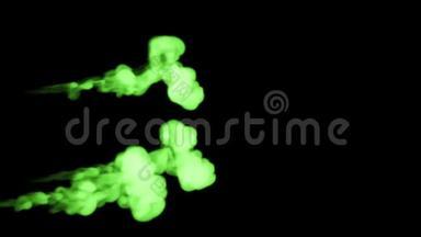 荧光绿色墨水在黑色背景下溶解在水中，用Luma哑光。 3D渲染V11很多流