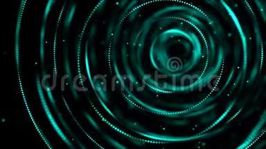 在美丽的霓虹灯隧道中旋转的霓虹灯线条和黑色背景上漂浮的粒子的抽象动画