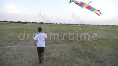 <strong>日</strong>落时分，一个男孩穿过田野，头上放着风筝。 一个孩子的梦。 <strong>儿童</strong>游戏