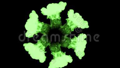 绿色墨水溶解在水中的黑色背景与卢马哑光。 计算机<strong>仿真</strong>的三维渲染。 很多墨水