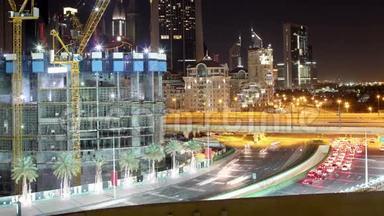 迪拜建筑在迪拜购物中心附近的夜间施工时间为4k