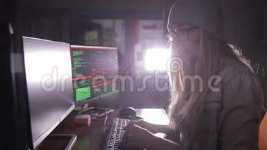 女电脑程序员编码，黑屋黑客。