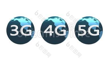 4k3G，4G，5G符号与旋转地球，网络技术背景。