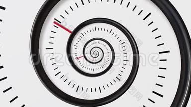 移动时间螺旋。 螺旋时钟无缝无限变焦运动背景。 时间摘要。 无限时钟