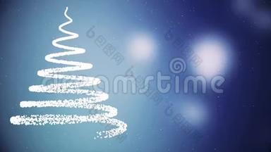 抽象的，螺旋状的基督质量树，雪花飘落，深蓝色背景上闪烁的灯光，寒假