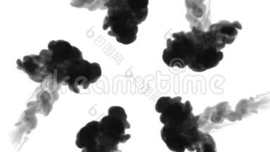 黑色墨水在白色背景上溶解在水中，用Luma哑光。 计算机<strong>仿真</strong>的三维渲染。 很多墨水