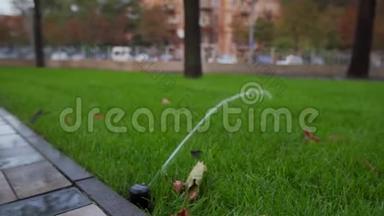 园灌喷灌<strong>浇水草坪</strong>在园区走道附近.. 自动旋转灌溉系统。 青草