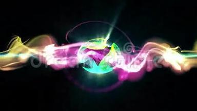 迪斯科舞蹈音乐中的抽象运动背景、闪亮的灯光、声波、几何形状<strong>能量</strong>和闪闪发光的元素<strong>粒子</strong>