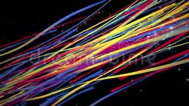 三维彩色彩虹抽象条纹、谱线、曲线图案的无缝动画，在明暗、星光下平稳移动