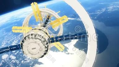 <strong>空间站</strong>绕地球飞行。 美丽的详细动画。
