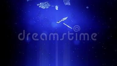 装饰的3d雪花在蓝色背景下在夜间缓慢地漂浮在空气中。 作为圣诞动画使用，新年
