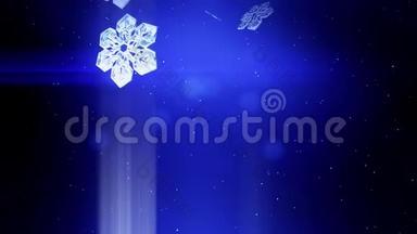 装饰的3d雪花在空气中缓慢地漂浮，并在蓝色背景上发光。 作<strong>为</strong>圣诞动画使用，新