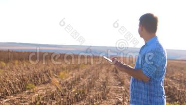 农<strong>民工</strong>作聪明的农业工人阅读或分析收获向日葵在农业领域的平板电脑上的报告