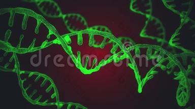 具有景深的抽象蓝色闪闪发光的<strong>DNA</strong>双<strong>螺旋</strong>.. 来自debrises的<strong>DNA</strong>构建动画。 科学