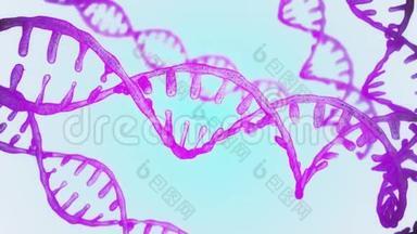 具有景深的抽象蓝色闪闪发光的DNA双螺旋.. 来自debrises的DNA构建动画。 科学