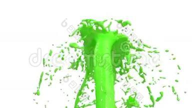 美丽的喷泉绿色液体飞溅，喷泉3D白色背景与阿尔法哑光。 绿色油漆流正在上升