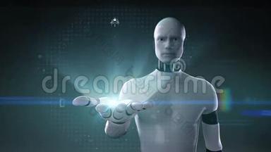 机器人半机器人打开手掌，扫描旋转三维机器人身体在数字界面。 人工智能机器人技术。
