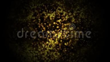 黄金粒子。 天然漂浮有机粒子在美丽的放松背景上。 带有波克的闪烁粒子