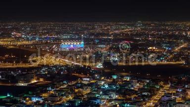 多哈天际线延时视频夜间灯光闪烁卡塔尔市中心，中东