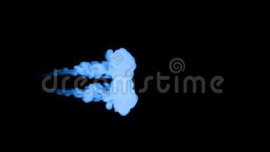 发光的蓝色墨水注入水的黑色背景。 三维动画与卢马哑光作为阿尔法<strong>通道</strong>在缓慢运动。 使用