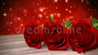 无缝环生日背景与红色玫瑰在木桌上。 3D译文