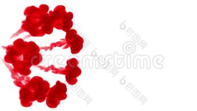 白色背景上的水中红色墨水。 三维动画墨水与卢马哑光作为阿尔法<strong>通道</strong>的效果或背景。 很多东西