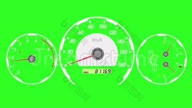 速计跑车，启动加速和制动.. 绿色屏幕背景。